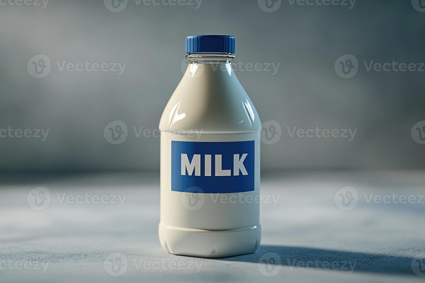 Glass milk bottle standing on neutral background photo