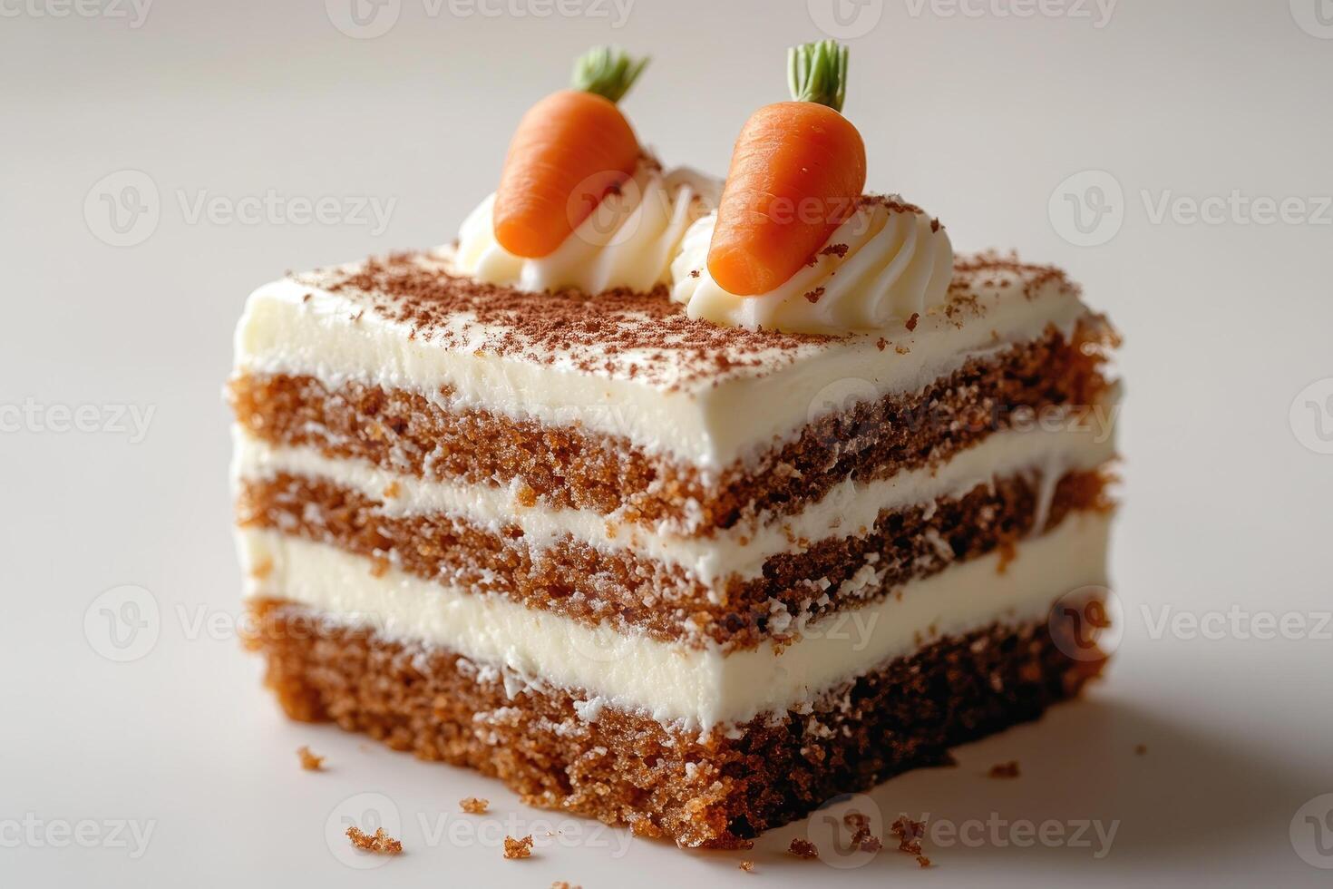 Delicious slice of carrot cake decorated with marzipan carrots and cream cheese frosting photo