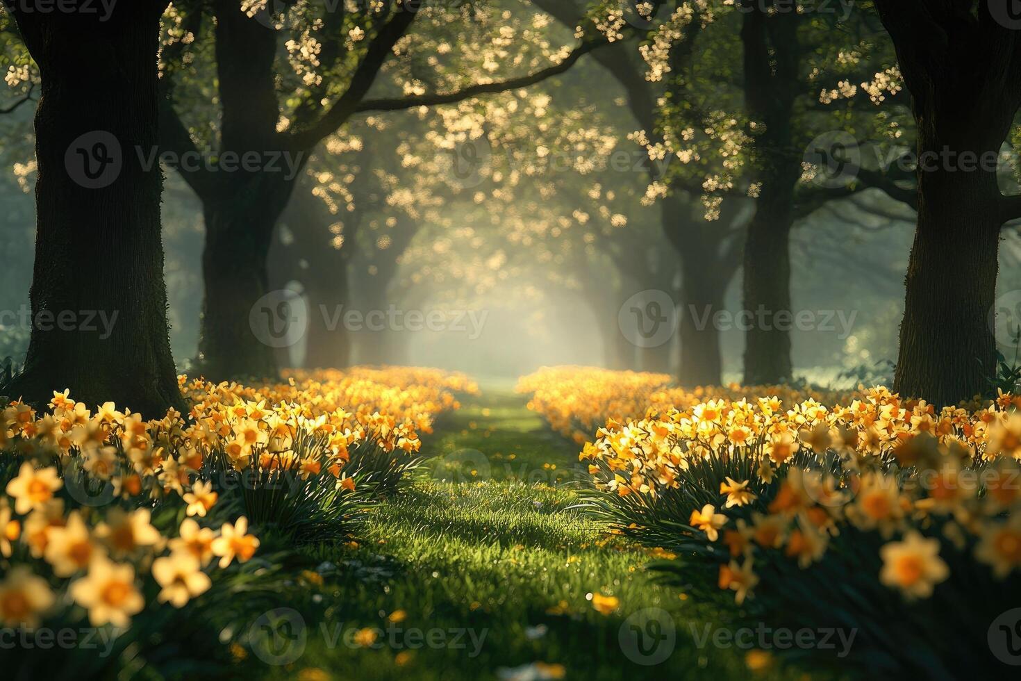 Daffodils blooming along path through forest in spring sunlight photo