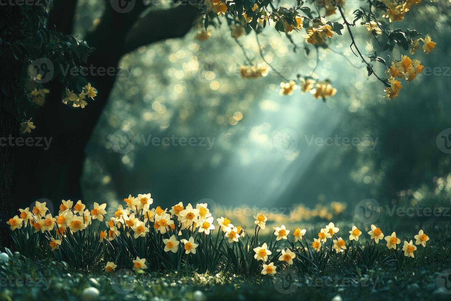 Sunbeams illuminating blooming daffodils in a lush green forest photo