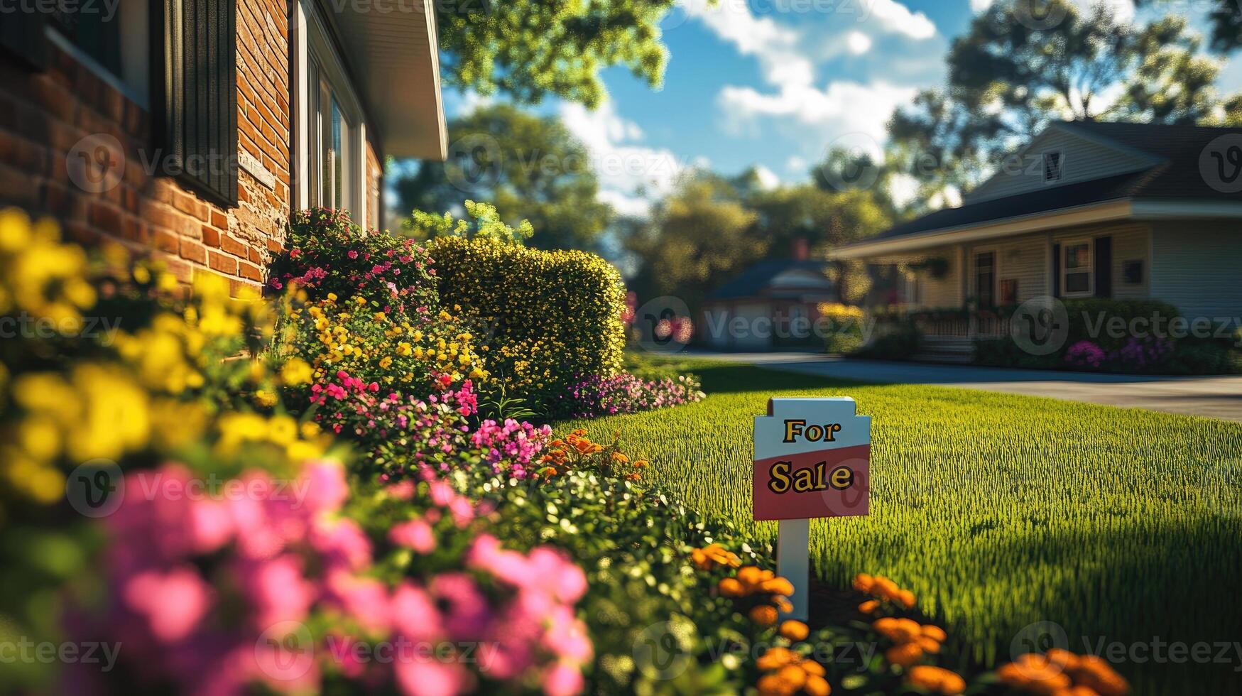 Charming house for sale with beautiful garden during golden hour photo