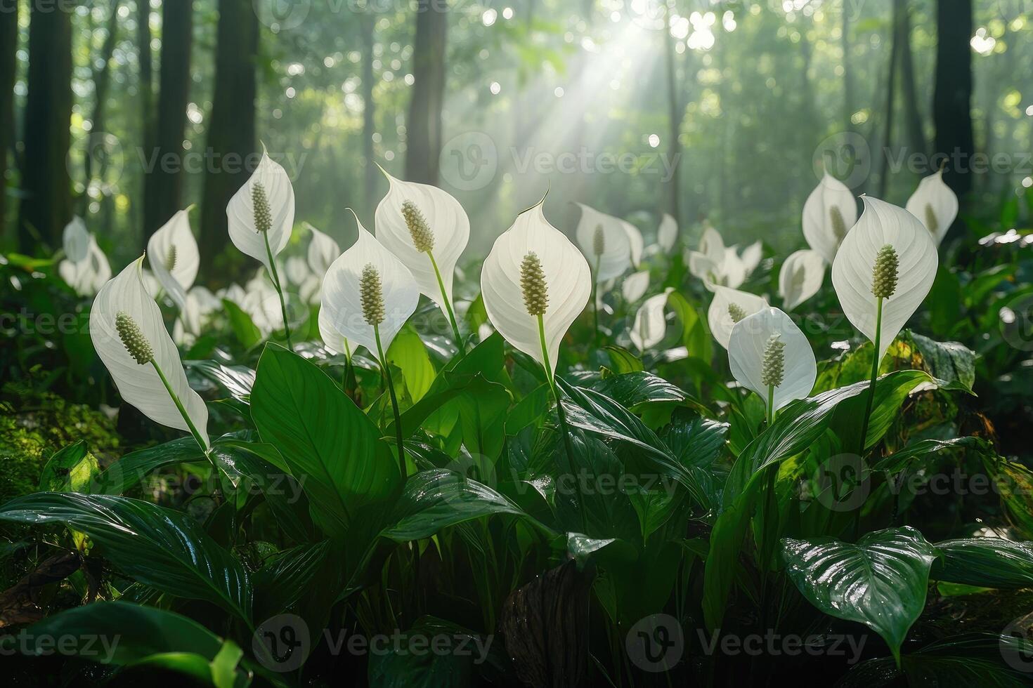 Peace lily flowers growing in lush tropical rainforest photo
