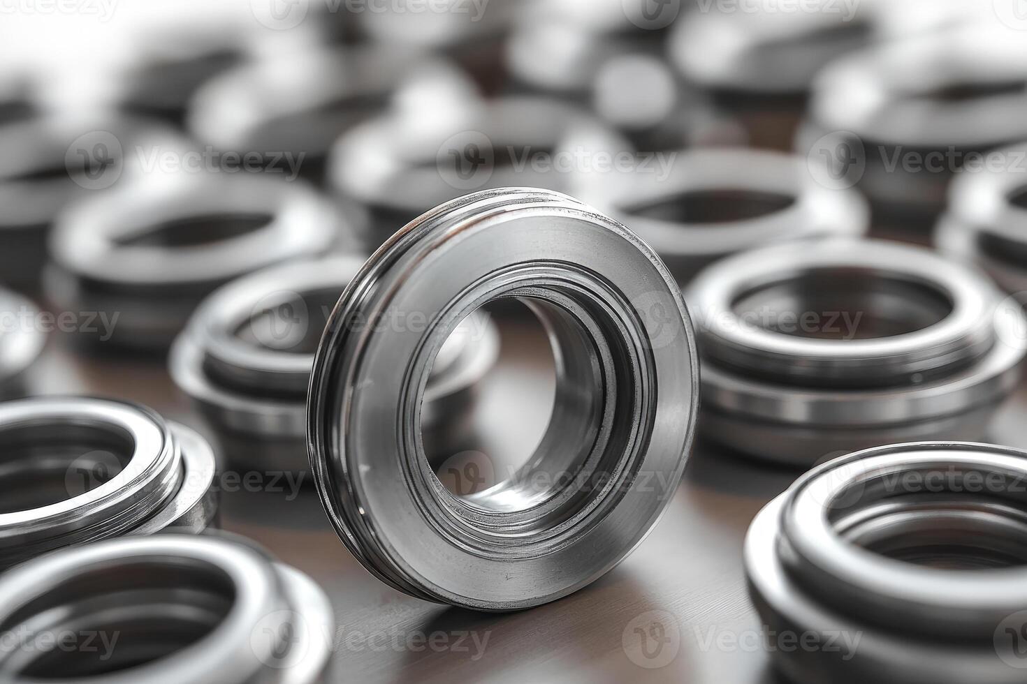 Mechanical component standing out from group of identical metal parts photo