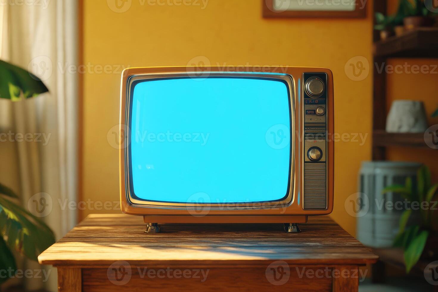 Old vintage tv set displaying static blue screen in retro room photo
