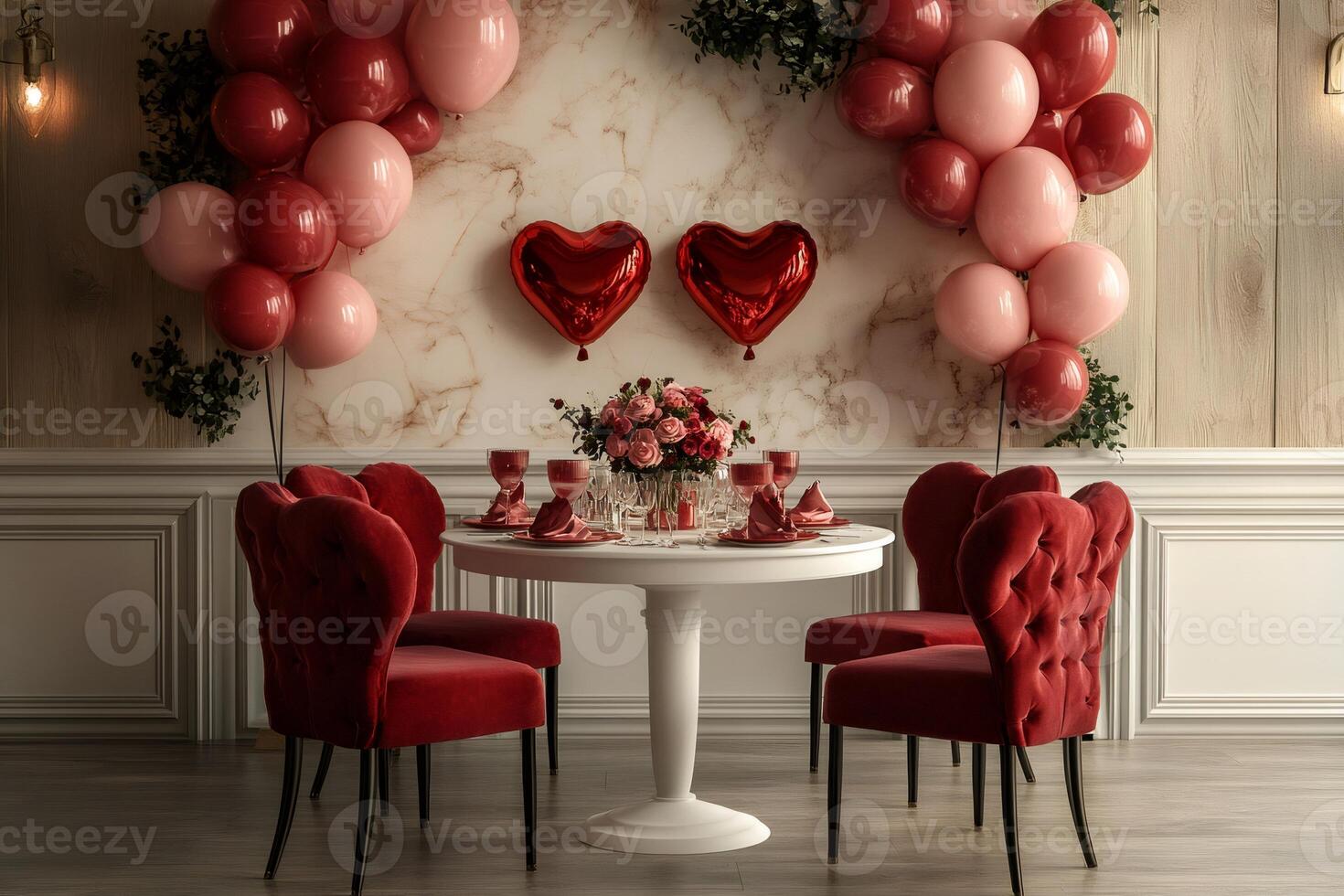 Romantic valentine's day dinner table setting with heart shaped balloons photo