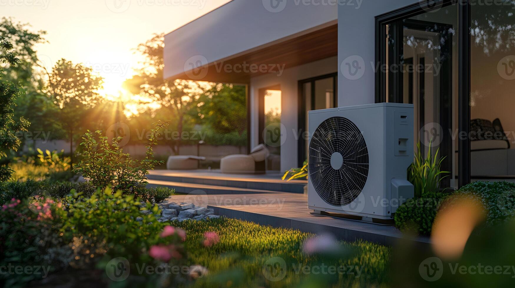 Modern house with heat pump installed in garden, providing sustainable energy photo
