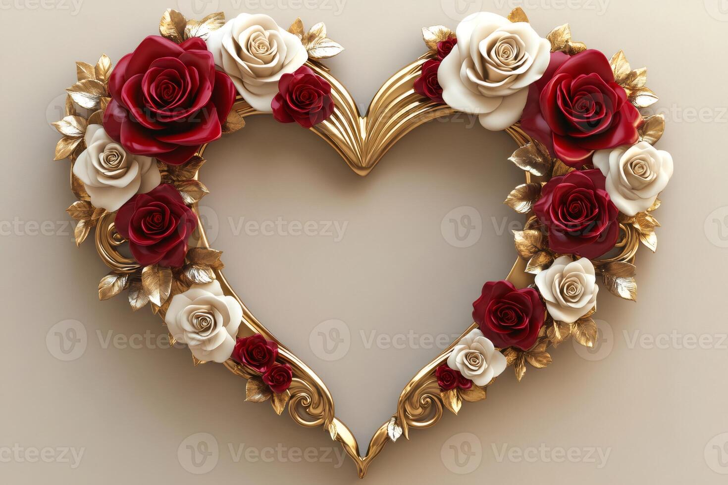 Golden heart frame decorated with red and white roses and golden leaves photo