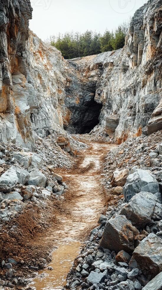 Muddy path leading into dark abandoned mine in rocky quarry landscape photo