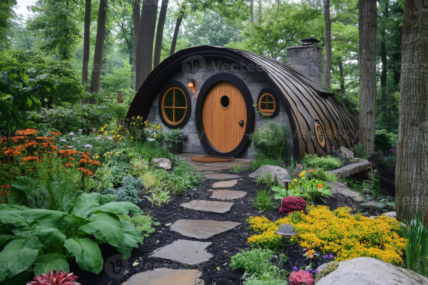 Cozy hobbit house nestled in lush forest garden photo