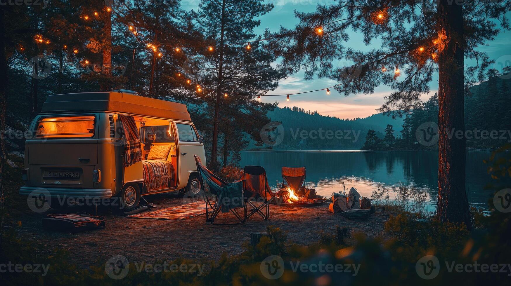 Cozy camper van illuminated by string lights at lakeside campfire photo