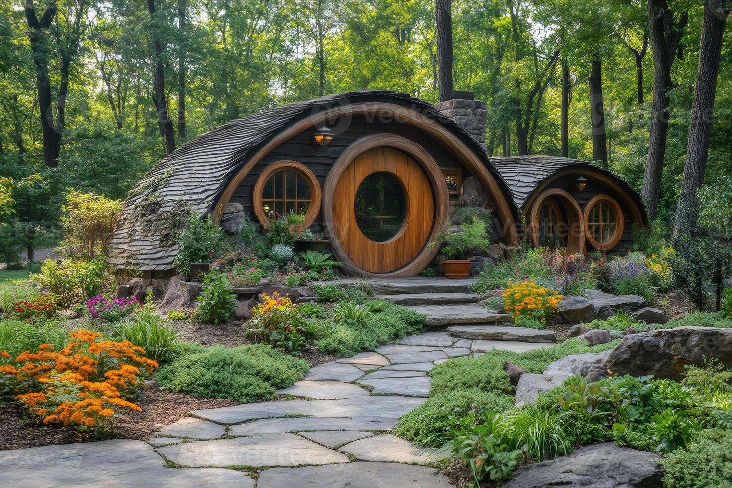 Amazing hobbit style house emerging from a lush green forest photo
