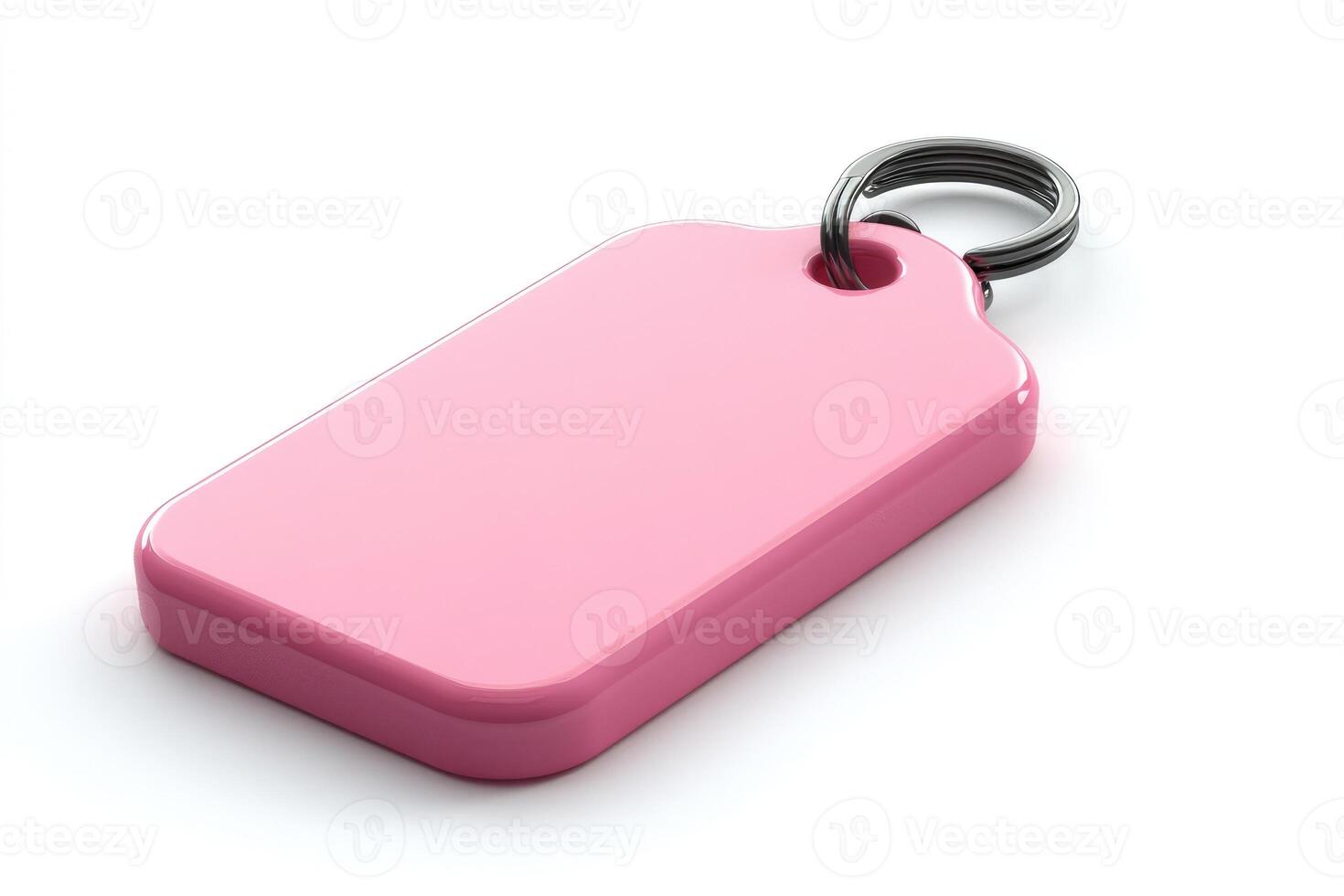 Pink rectangular keychain showing copy space for customization on white background photo