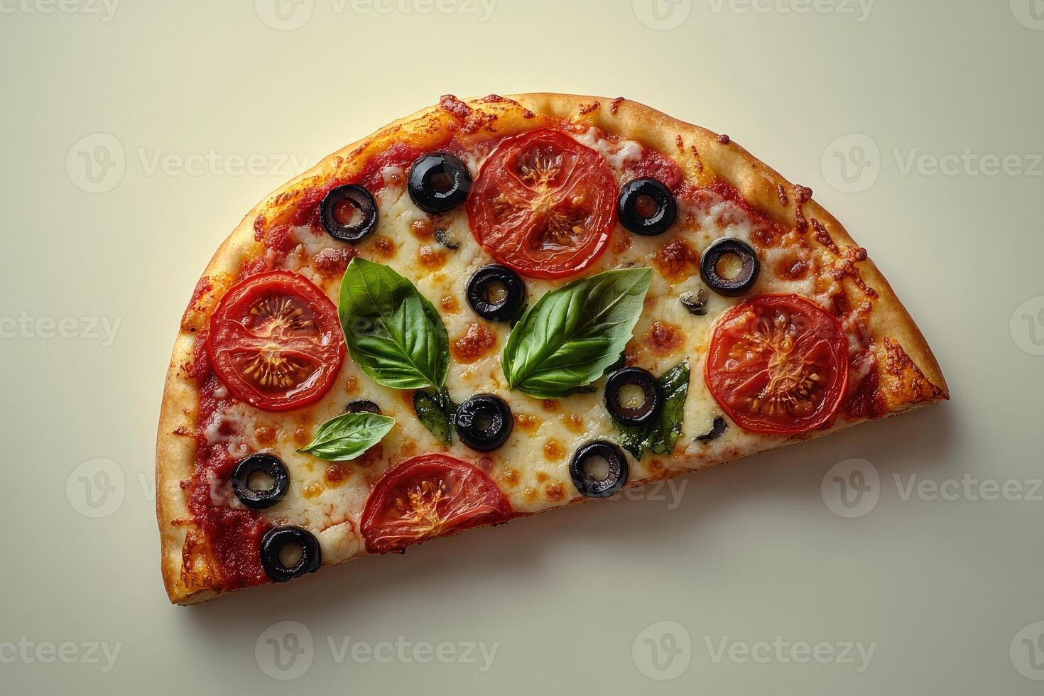 Delicious pizza slice with tomatoes, olives, and basil resting on white background photo