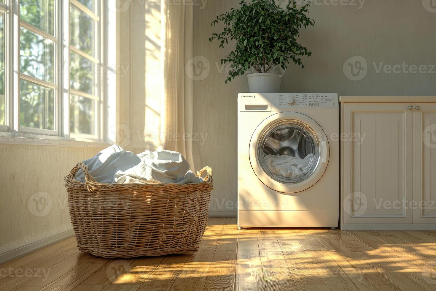 Washing machine and laundry basket with dirty clothes in a sunny laundry room photo