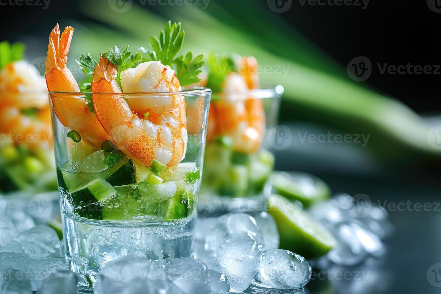 Shrimp cocktail appetizer served in a glass with cucumber, lime and ice cubes photo