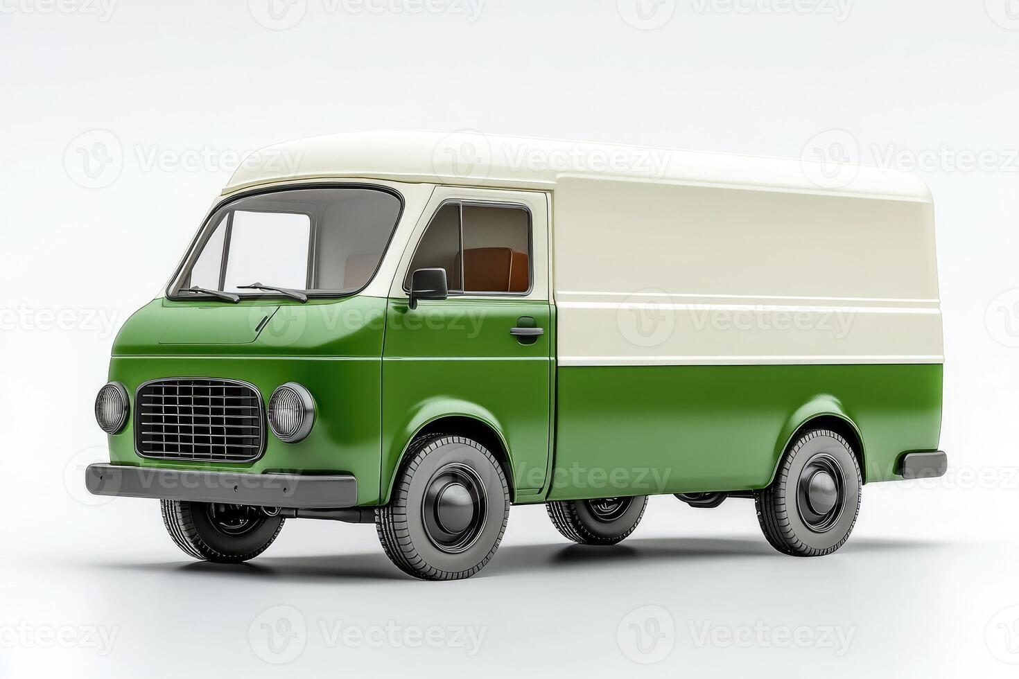 Green and beige delivery van parked on white background photo