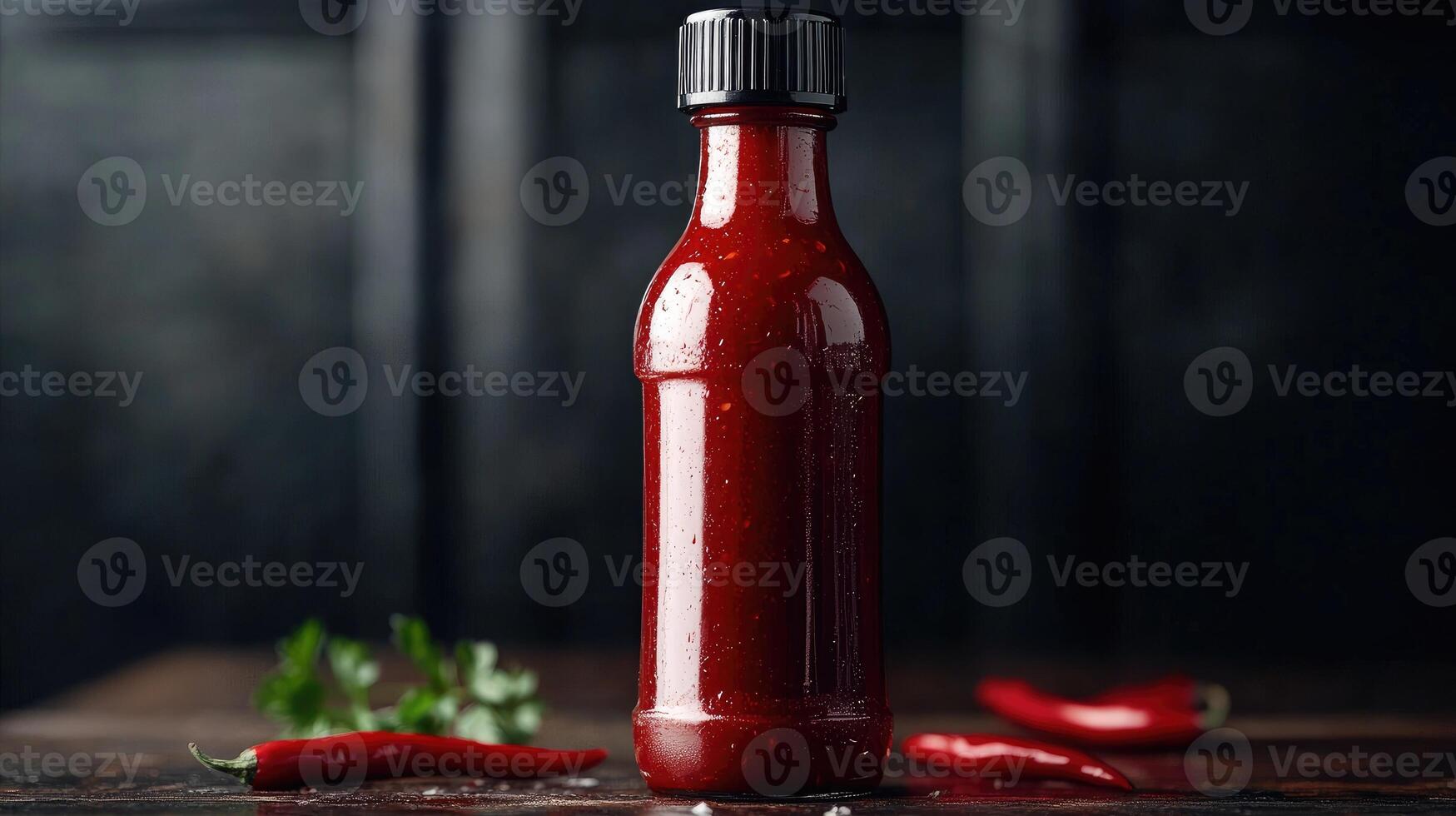 Bottle of hot sauce with fresh chili peppers and parsley on rustic wooden table photo
