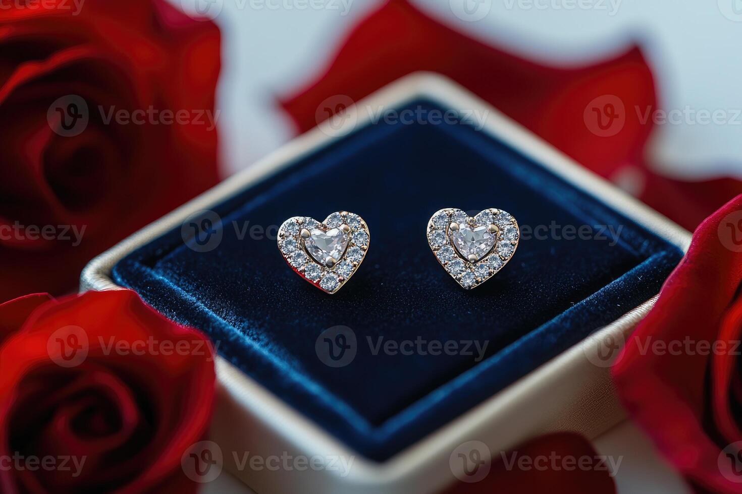 Heart-shaped diamond earrings in a box surrounded by red roses photo