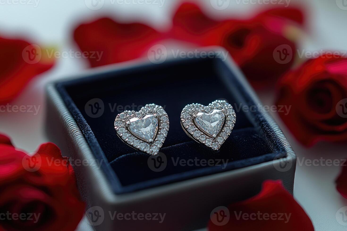 Heart-shaped diamond earrings in box surrounded by red roses and petals photo