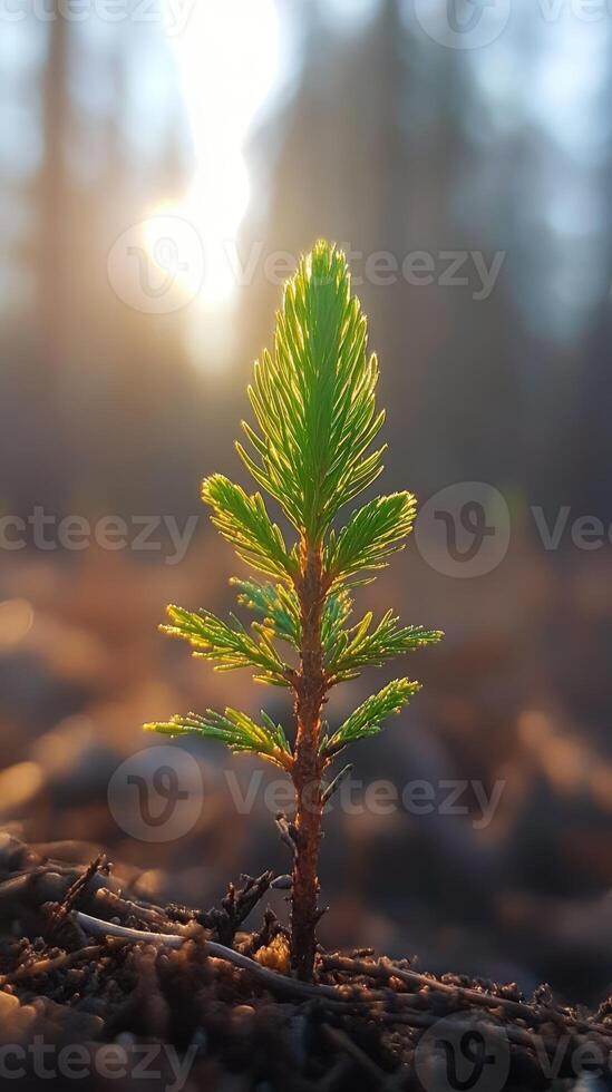 Small pine sapling growing in forest during golden hour sunset photo