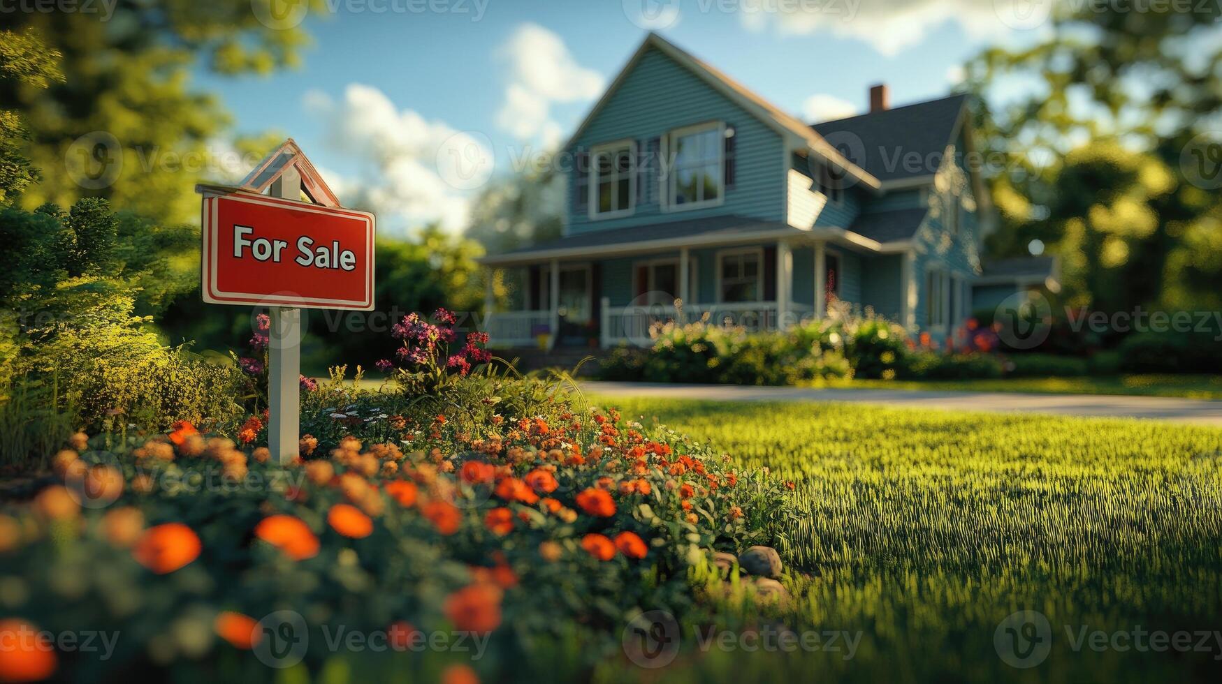 Beautiful suburban house for sale with sign in the front yard during sunset photo