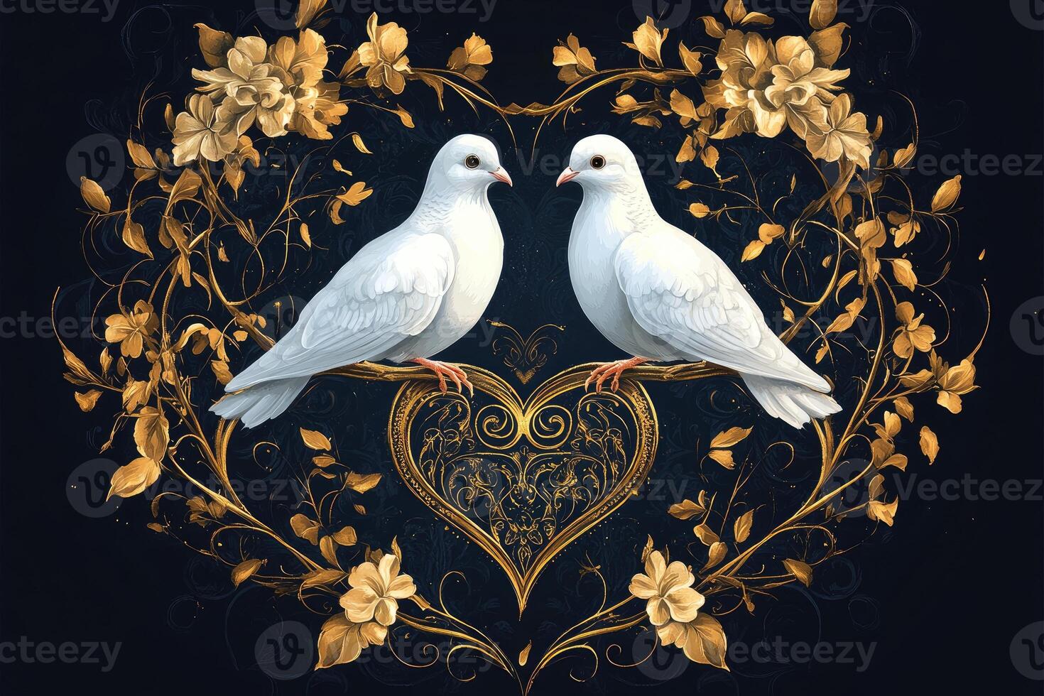 Two white doves symbolizing love and golden heart on floral background photo
