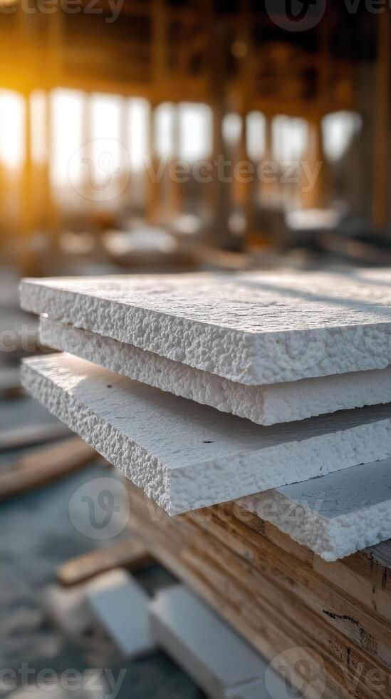 Close-up of extruded polystyrene insulation boards at construction site photo