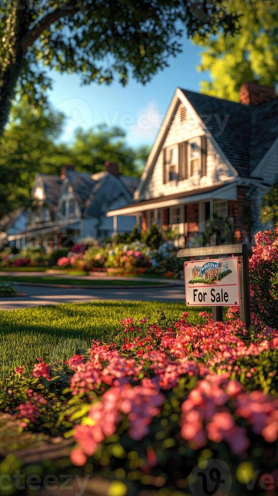 Charming house for sale with beautiful garden during golden hour photo