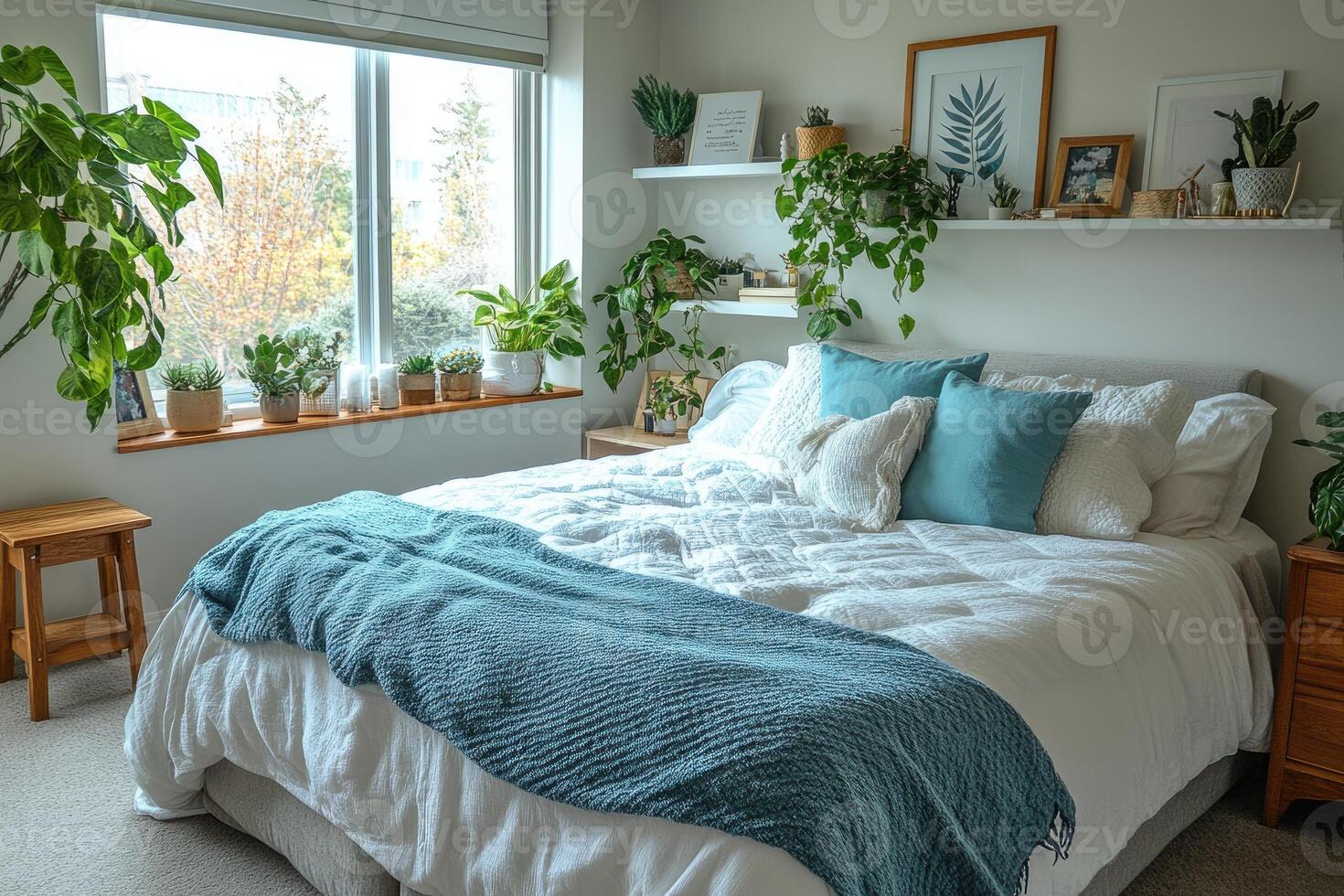 Cozy bedroom decorated with houseplants creating relaxing atmosphere photo