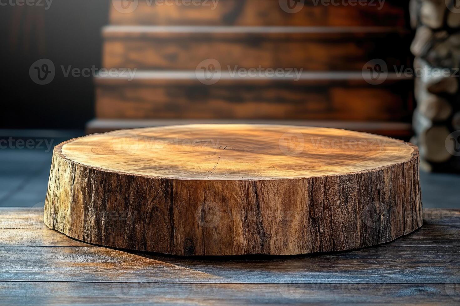 Empty round wooden chopping board displaying products on rustic table photo