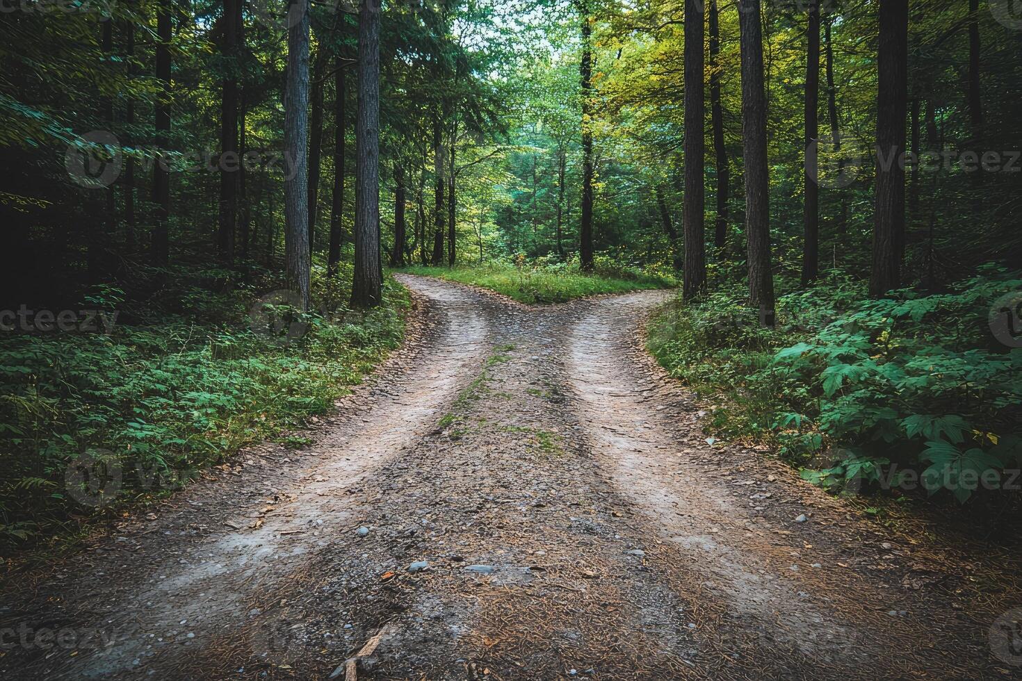 Crossroads splitting in two dirt paths in lush green forest photo