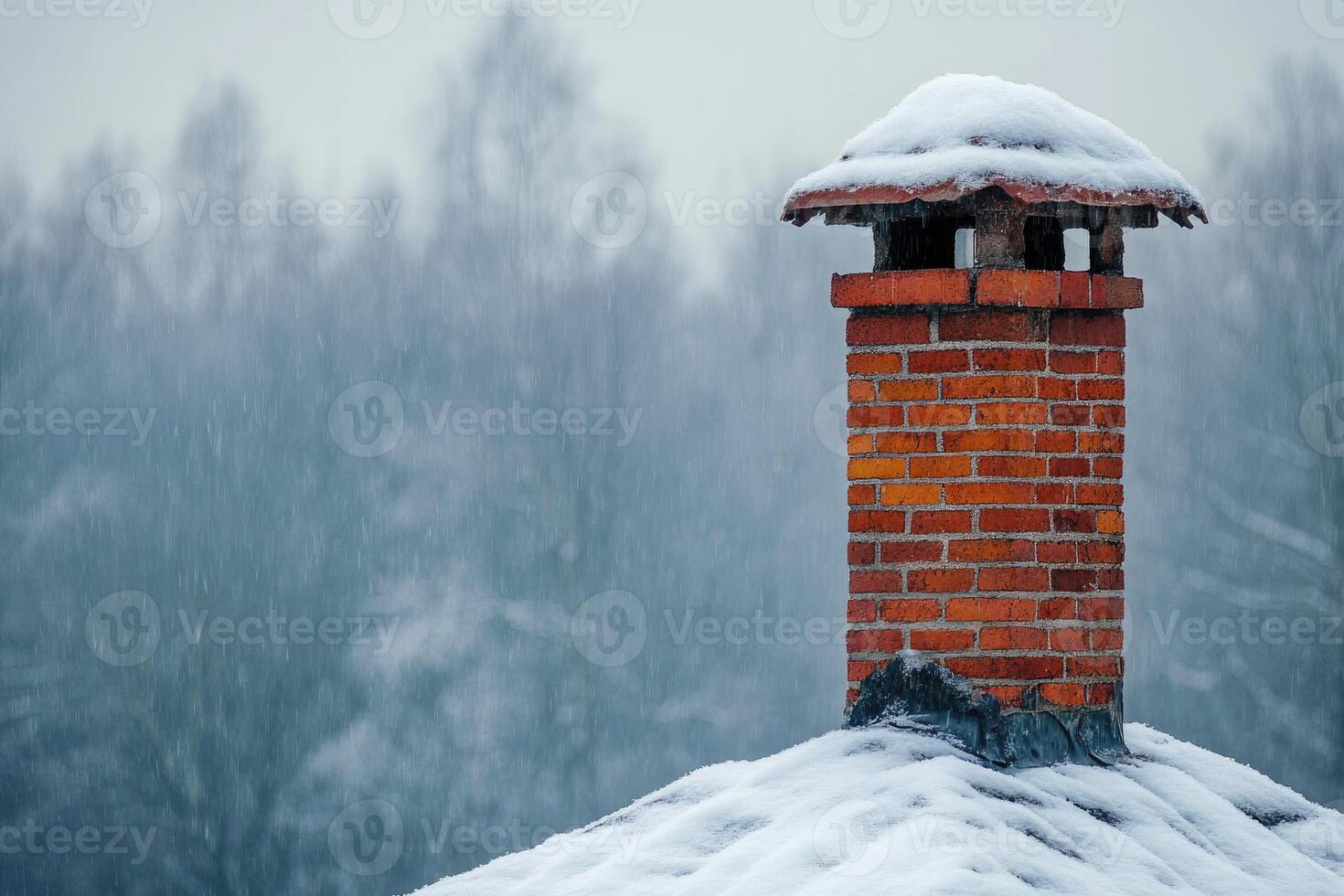 Brick chimney covered with snow on a winter day with blue sky photo