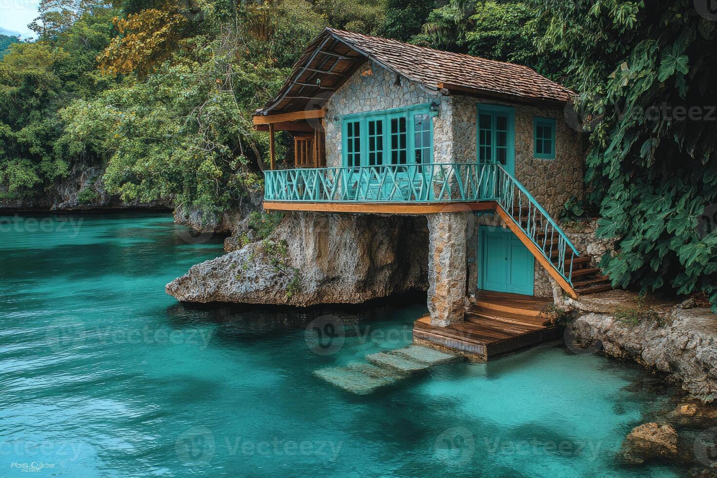 Fairytale stone cottage overlooking tranquil turquoise waters in jamaica photo
