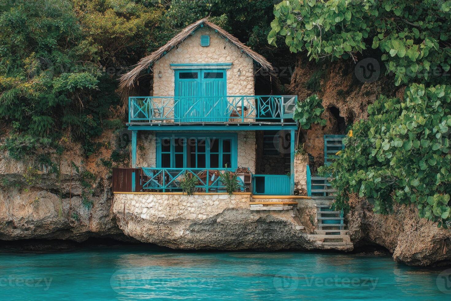 Fairytale stone cottage overlooking tranquil turquoise waters in jamaica photo