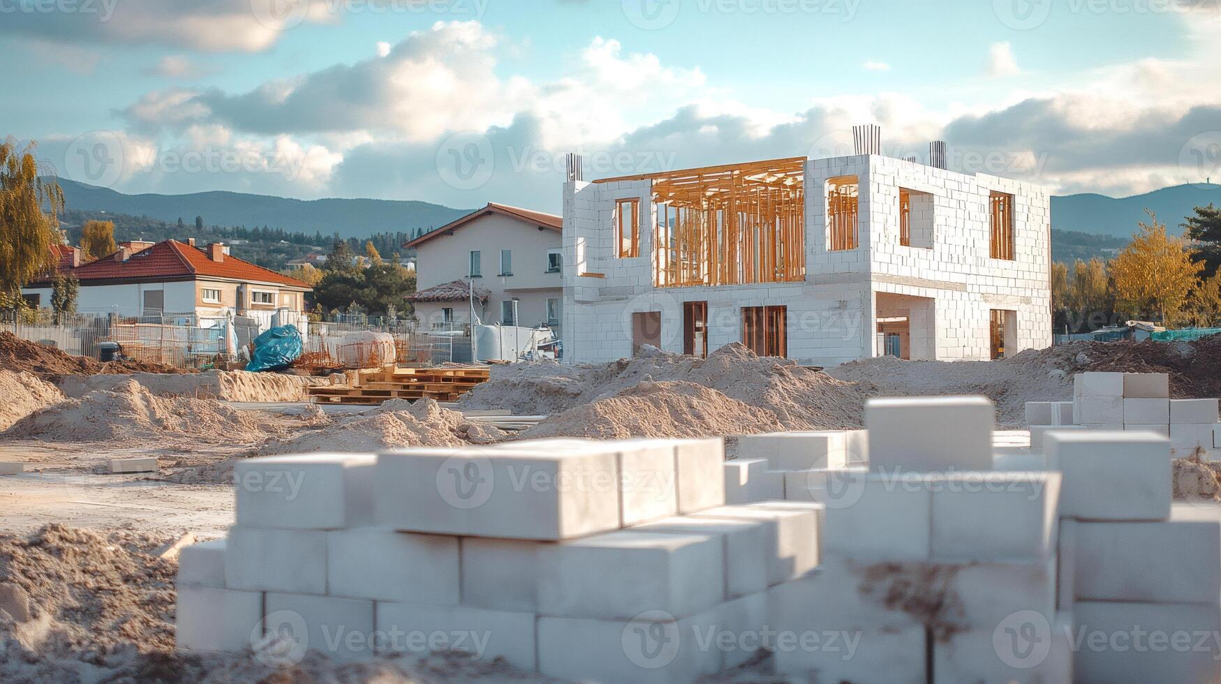 Construction site with concrete blocks and unfinished building photo