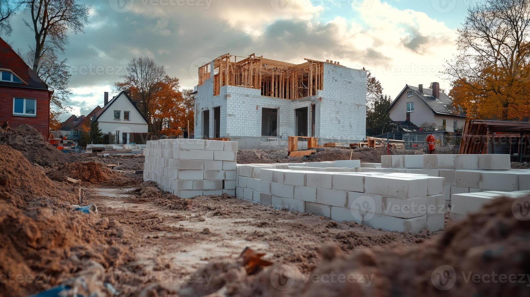 Construction site with concrete blocks and unfinished building photo