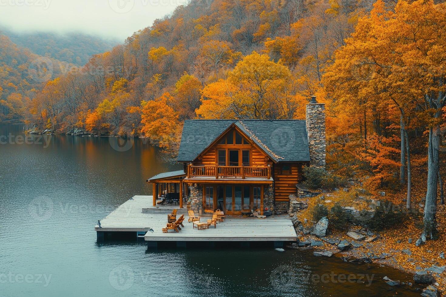 Luxurious log cabin nestled on a tranquil lake during peak autumn colors photo