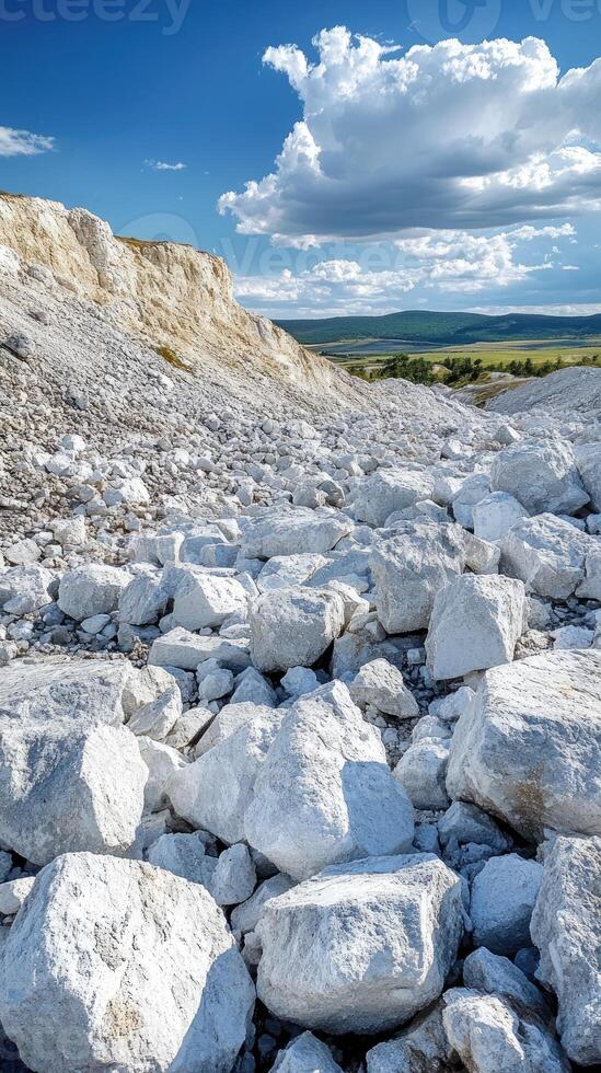 White limestone rocks are covering the slope of a quarry under blue sky with cumulus clouds photo