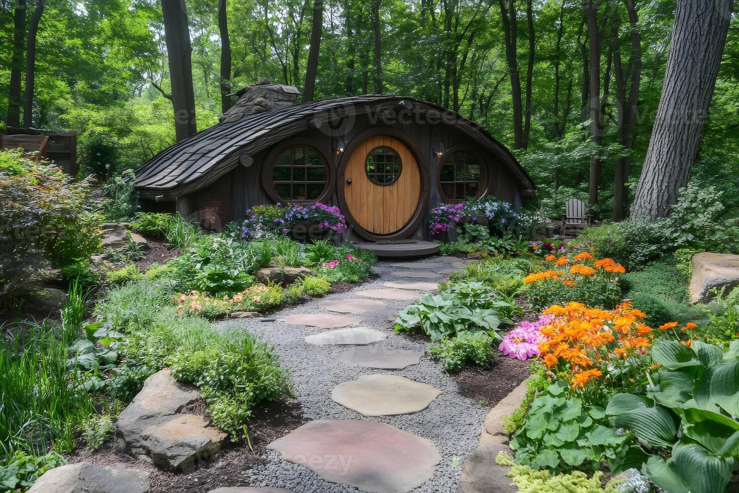 Hobbit style house surrounded by lush garden in a peaceful forest photo