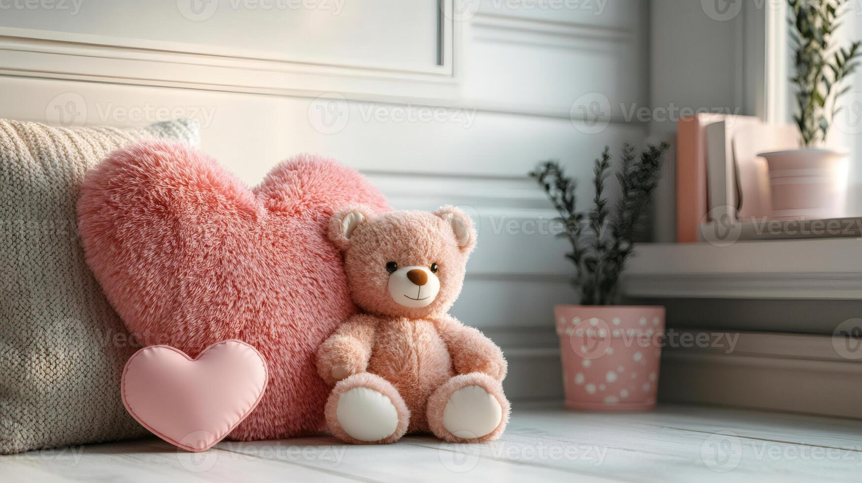 Adorable teddy bear sitting next to heart-shaped pillows in cozy room photo
