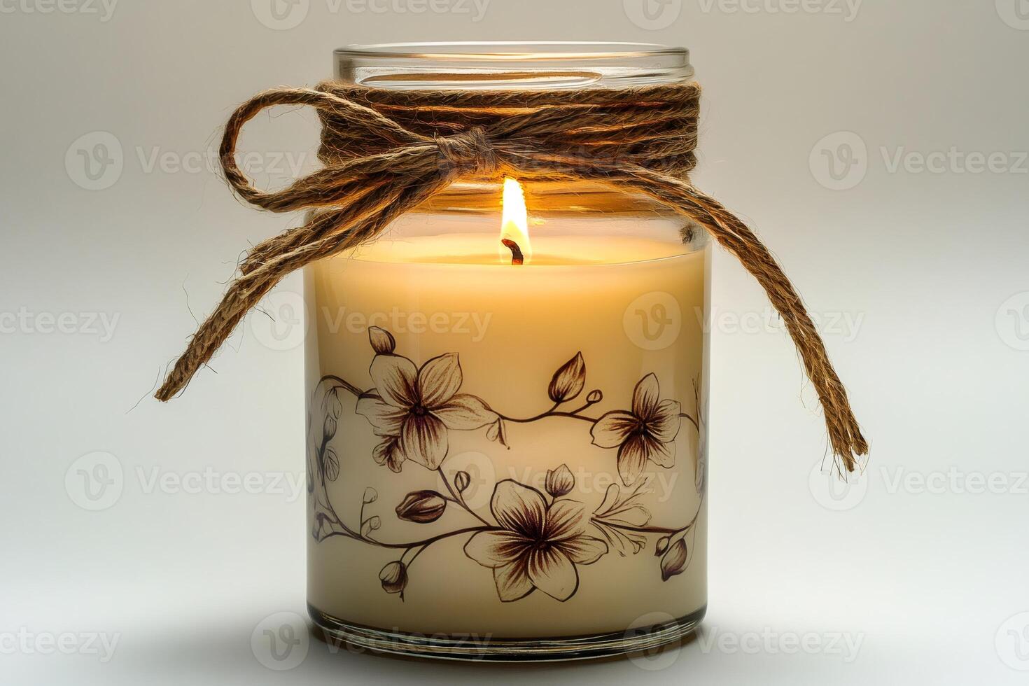 Burning soy candle in glass jar with floral design and rustic twine photo