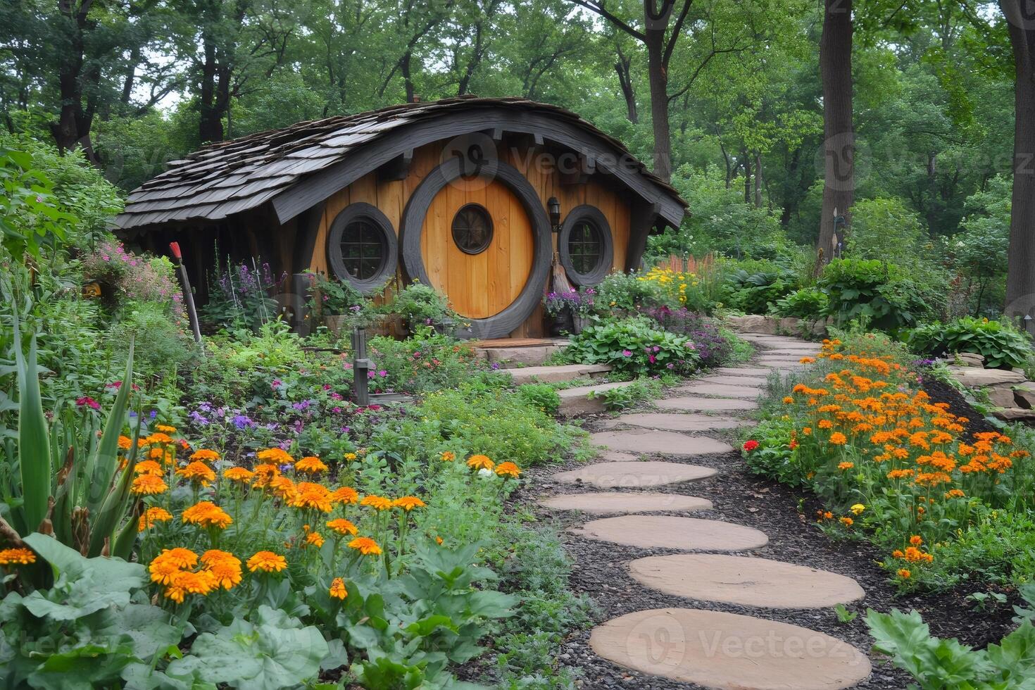 Cozy hobbit house nestled in a lush garden setting with stone path leading to the entrance photo