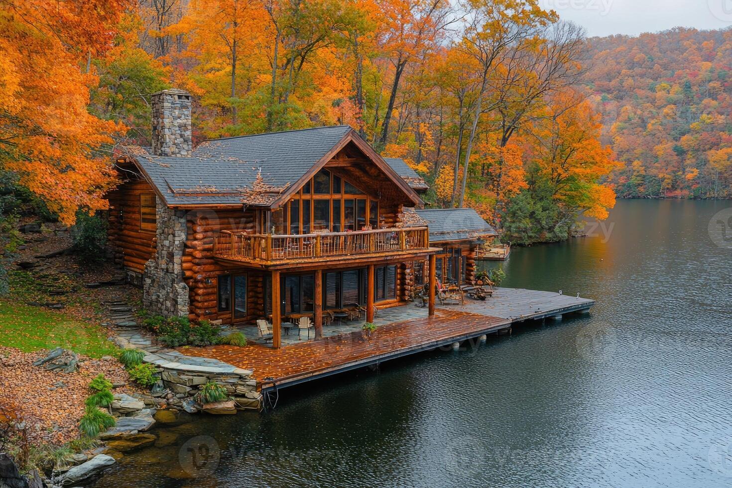 Luxurious log cabin overlooking serene lake in autumn scenery photo
