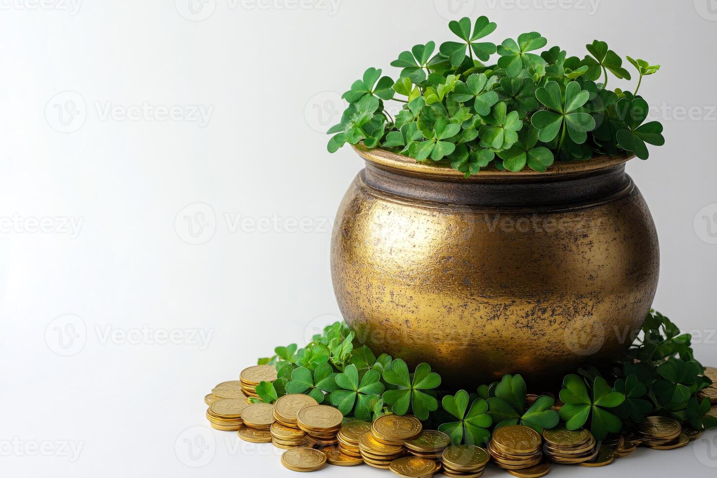 Pot of gold with shamrocks and gold coins symbolizing saint patrick's day and irish folklore photo