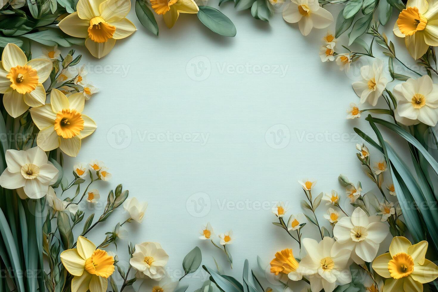 Narcissus flowers creating a beautiful frame on light blue background photo