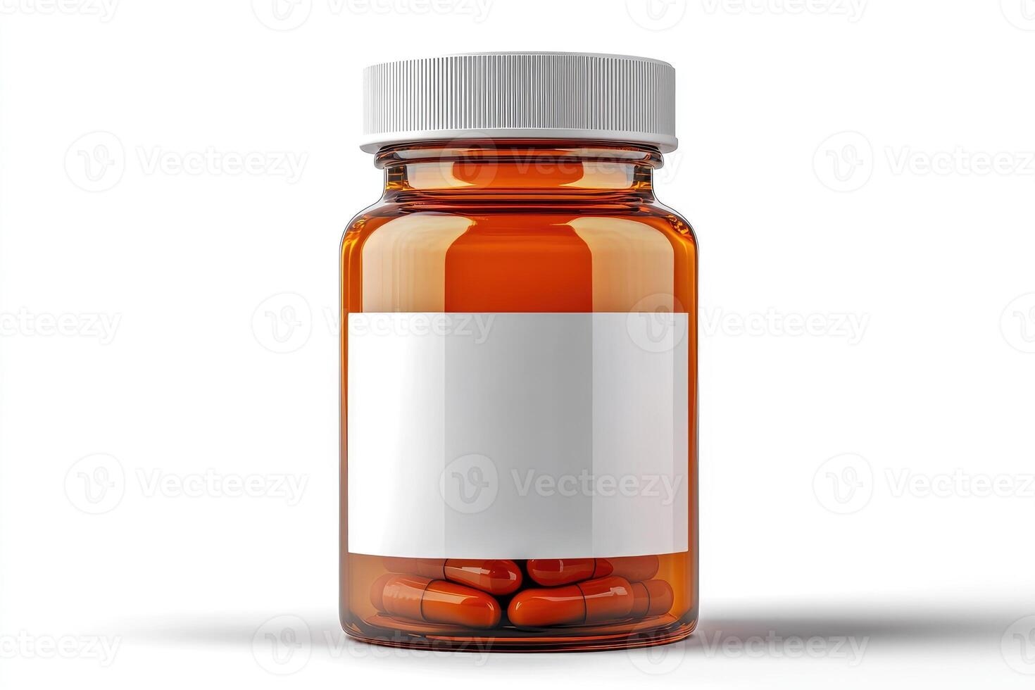 Amber glass pill bottle with blank label and red vitamins photo