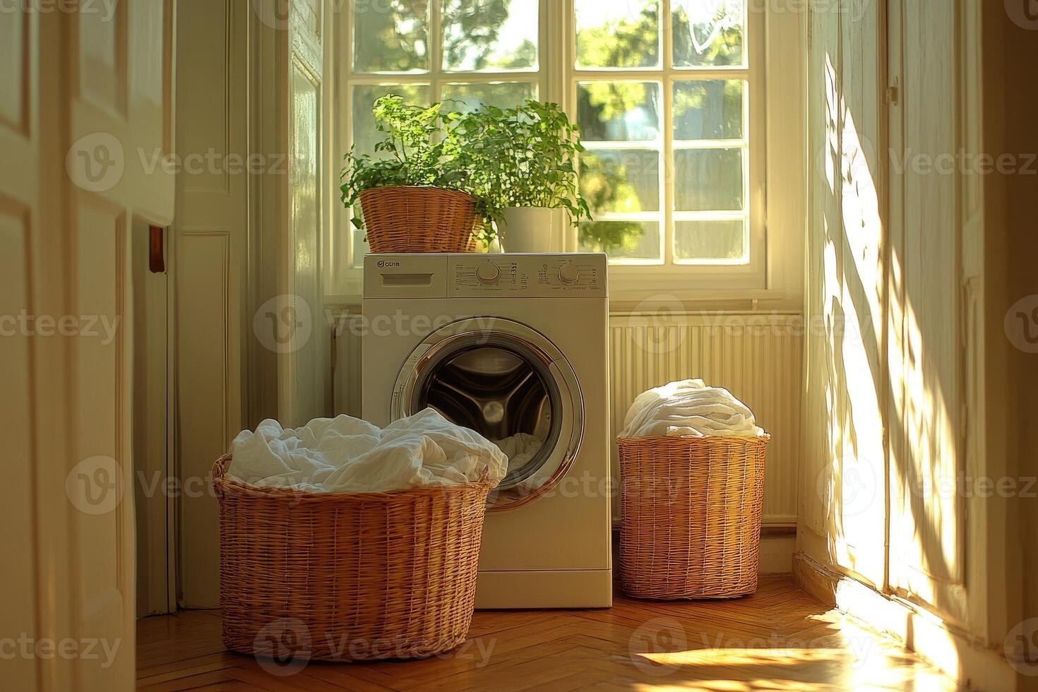 Washing machine with laundry baskets in cozy sunlit laundry room photo