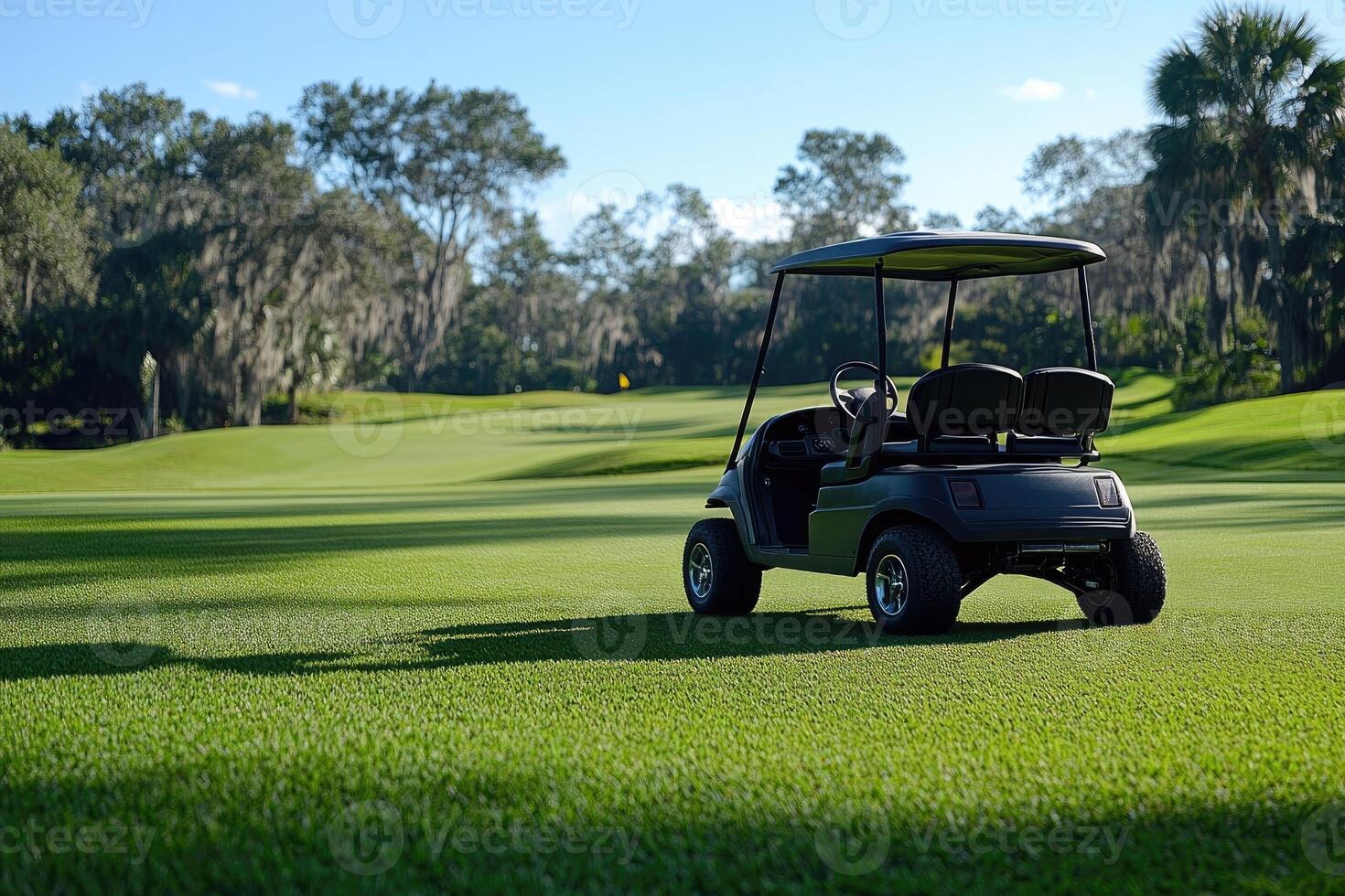 Golf cart parked on a beautiful golf course on a sunny day photo