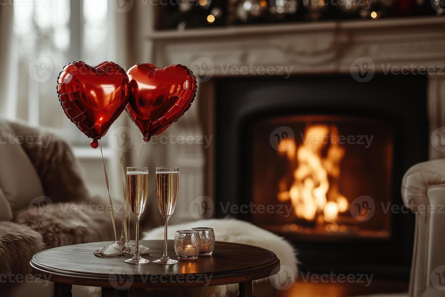 Romantic evening celebrating valentine's day with champagne and heart balloons by the fireplace photo
