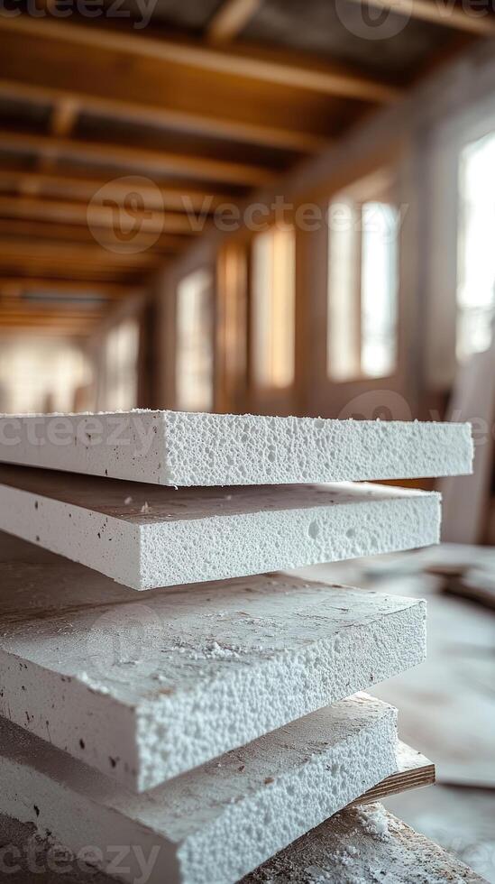 Stack of polystyrene insulation boards preparing for house construction. photo